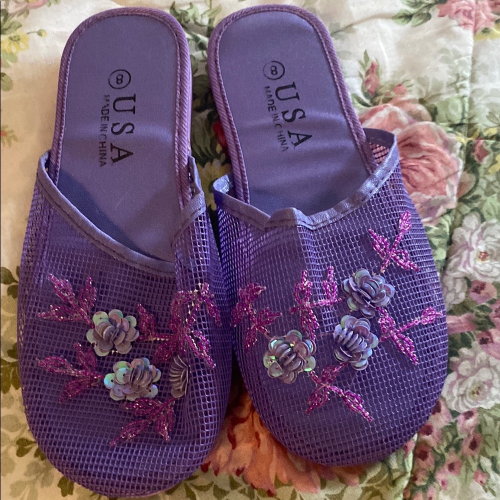 Purple Embellished Slippers with Floral Design
